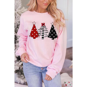 Pink Christmas Tree Graphic Print Pullover Sweatshirt